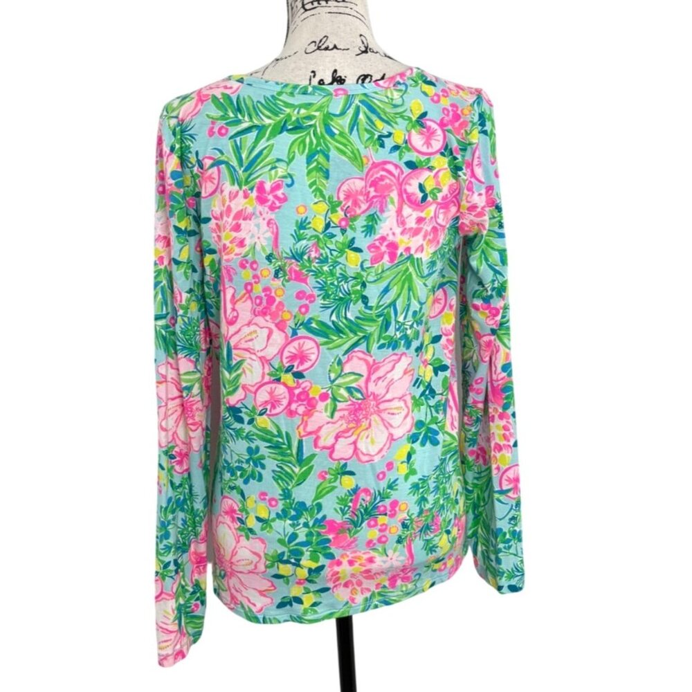Lilly Pulitzer Long Sleeve Top Henley PJ Fruity Flamingo Green Pink Women Size M - Picture 3 of 8